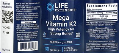 Mega Vitamin K2 45,000 mcg label