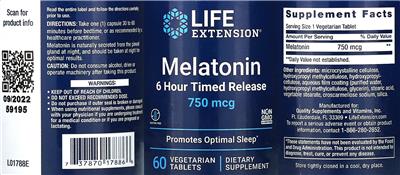 Melatonin 750 mcg 6 Hour Timed Release label