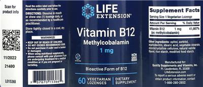 Vitamin B12 Methylcobalamin 1 mg label