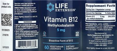 Vitamin B12 Methylcobalamin 5 mg label