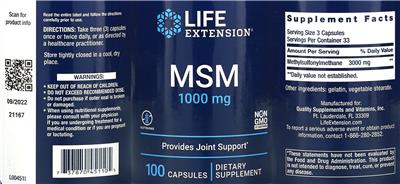 MSM 1000 mg label
