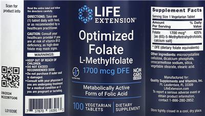 Optimized Folate L-Methylfolate 1700 mcg DFE label