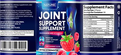 Joint Support Supplement Extra Strength Tasty Raspberry Flavor label