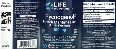 Pycnogenol French Maritime Pine Bark Extract 100 mg label