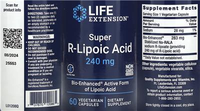 Super R-Lipoic Acid 240 mg label