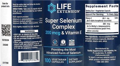 Super Selenium Complex 200 mcg & Vitamin E label