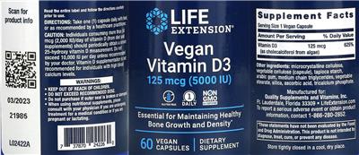 Vegan Vitamin D3 125 mcg (5000 IU) label