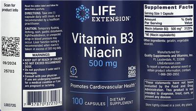 Vitamin B3 Niacin 500 mg label