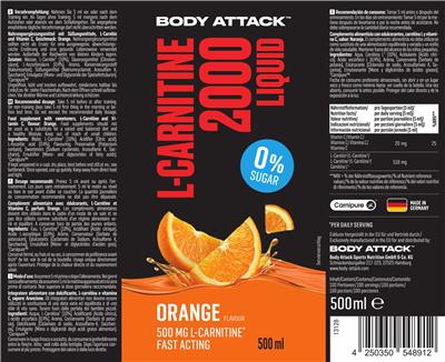 L-Carnitine 2000 Liquid Orange Flavour 0% Sugar label