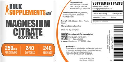 Magnesium Citrate Softgels 250 mg label