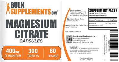 Magnesium Citrate Capsules 400 mg label