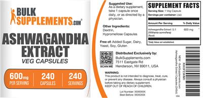 Ashwagandha Extract 600 mg label