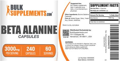 Beta Alanine Capsules 3000 mg label