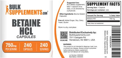 Betaine HCl Capsules 750 mg label