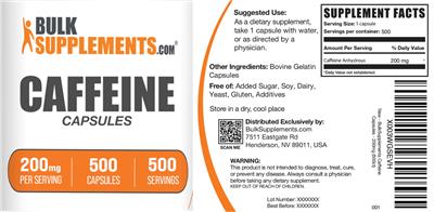 Caffeine Capsules 200 mg label