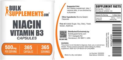 Niacin Vitamin B3 Capsules 500 mg label