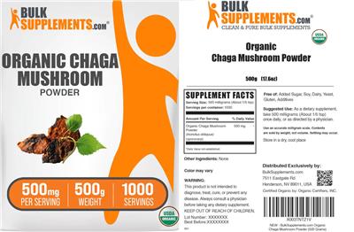 Organic Chaga Mushroom Powder 500 mg label