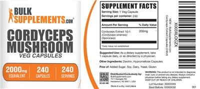 Cordyceps Extract 2000 mg Veg Capsules label