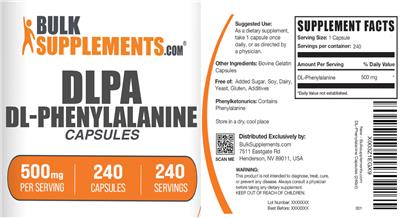 DLPA DL-Phenylalanine Capsules 500 mg  label