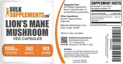 Lion's Mane Mushroom Veg Capsules 1000 mg label