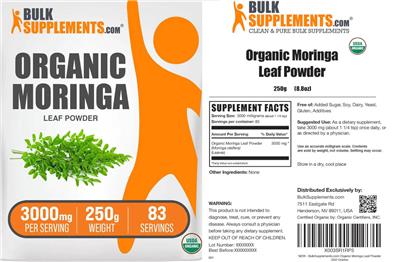 Organic Moringa Leaf Powder 3000 mg label