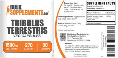 Tribulus terrestris 1500 mg Veg Capsules label