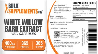 White Willow Bark Extract Veg Capsules 400 mg label