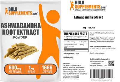 Ashwagandha Root Extract Powder 600 mg label