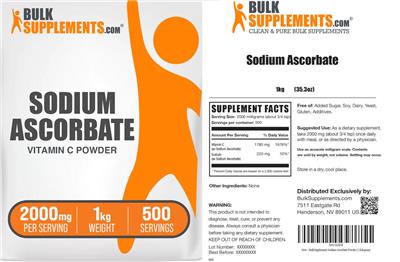 Sodium Ascorbate Vitamin C Powder 2000 mg label