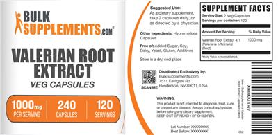 Valerian Root Extract 1000 mg Veg Capsules label