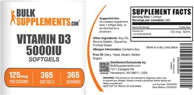 Vitamin D3 5000 IU Softgels 125 mcg label