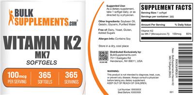 Vitamin K2 MK7 Softgels 100 mcg label