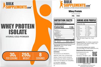 Whey Protein Isolate Hydrolyzed Powder 30 g label