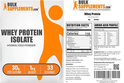 Whey Protein Isolate Hydrolyzed Powder 30 mg label