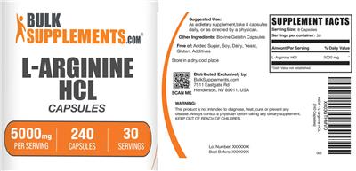 L-Arginine HCL Capsules 5000 mg label
