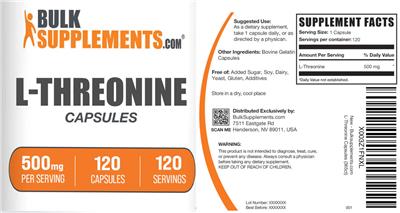L-Threonine 500 mg Capsules label
