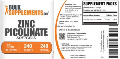 Zinc Picolinate Softgels 11 mg label