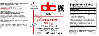 Trans Resveratrol 200 mg label