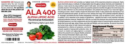 ALA 400 Alpha Lipoic Acid label