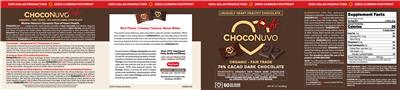 ChocoNuvo Cafe 74% Cacao Dark Chocolate label