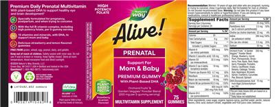 Alive! Premium Prenatal Gummies Strawberry & Lemon Flavored label