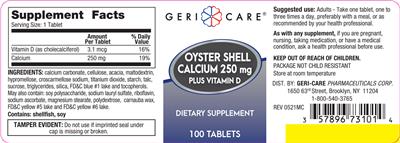 Oyster Shell Calcium 250 mg Plus Vitamin D label