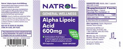 Alpha Lipoic Acid 600 mg label
