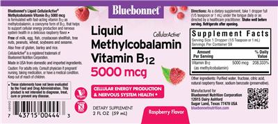 Liquid CellularActive Methylcobalamin Vitamin B12 5000 mcg Raspberry Flavor label