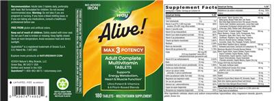 Alive! Max3 Potency Adult Complete Multivitamin Tablets label