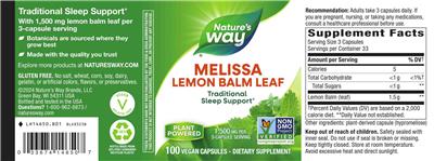 Melissa Lemon Balm Leaf 1,500 mg label