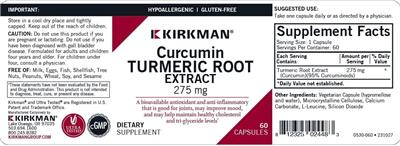 Curcumin Turmeric Root Extract 275 mg label