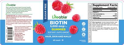 Biotin 5,000 mcg Gummies Sugar Free Raspberry Flavor label