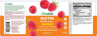 Biotin 10,000 mcg Raspberry Flavor Gummies label