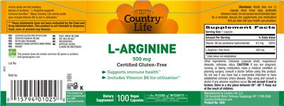 L-Arginine Capsules 500 mg label